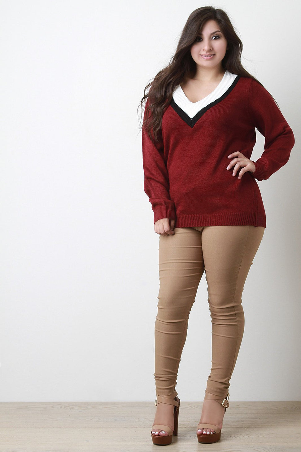 Tri-Tone V-Neck Sweater Top