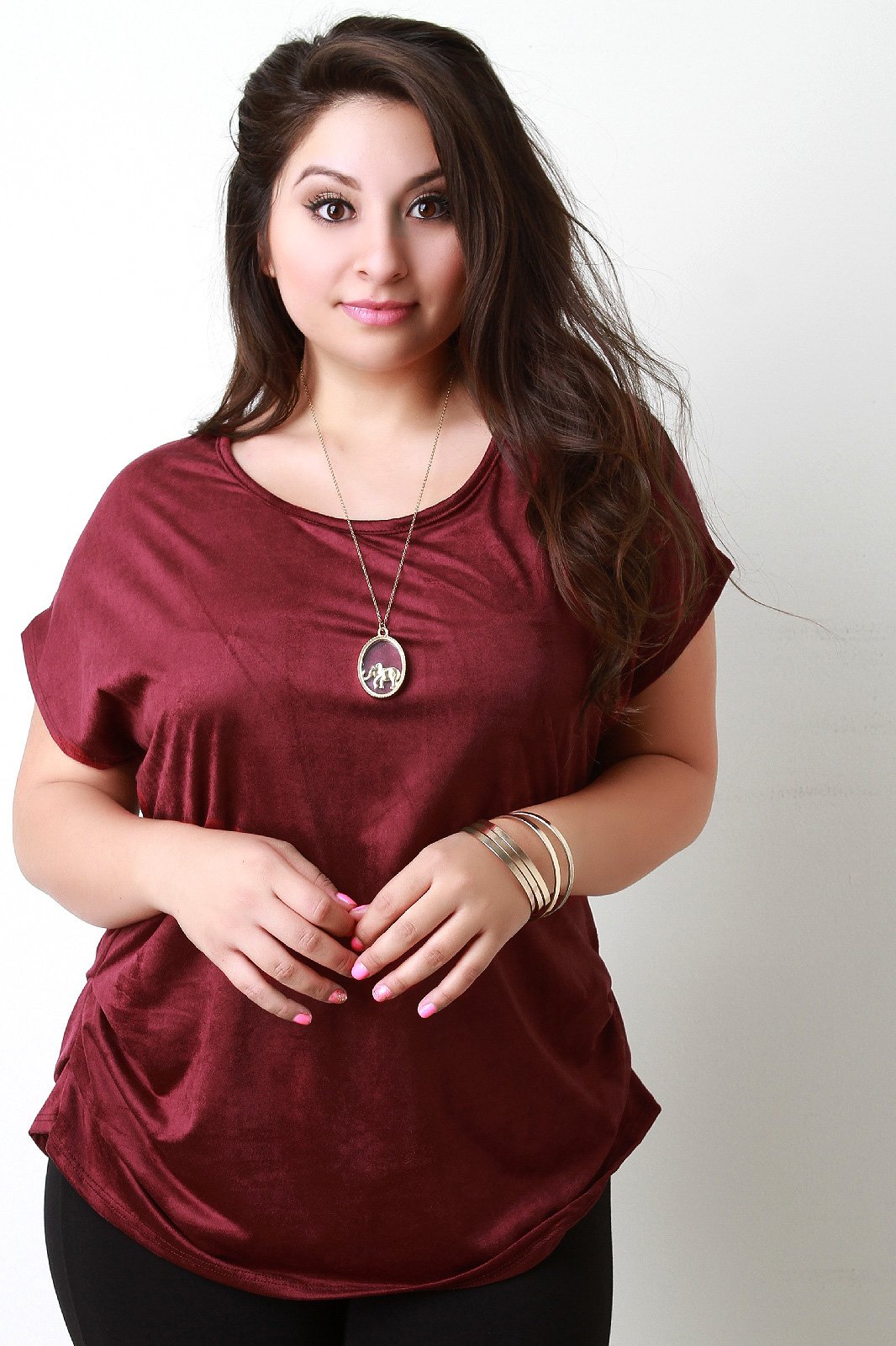 Suede Side Pleated Dolman Short Sleeves Top