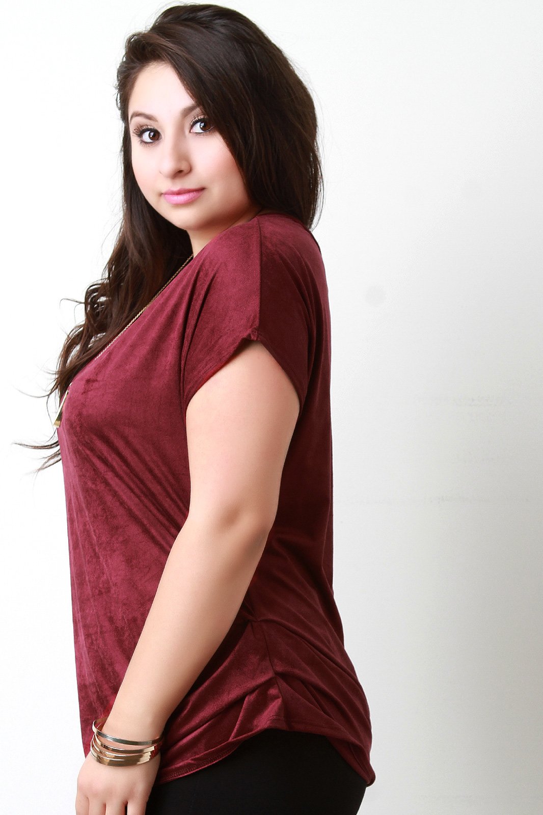 Suede Side Pleated Dolman Short Sleeves Top