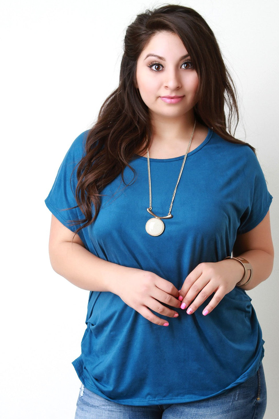 Suede Side Pleated Dolman Short Sleeves Top