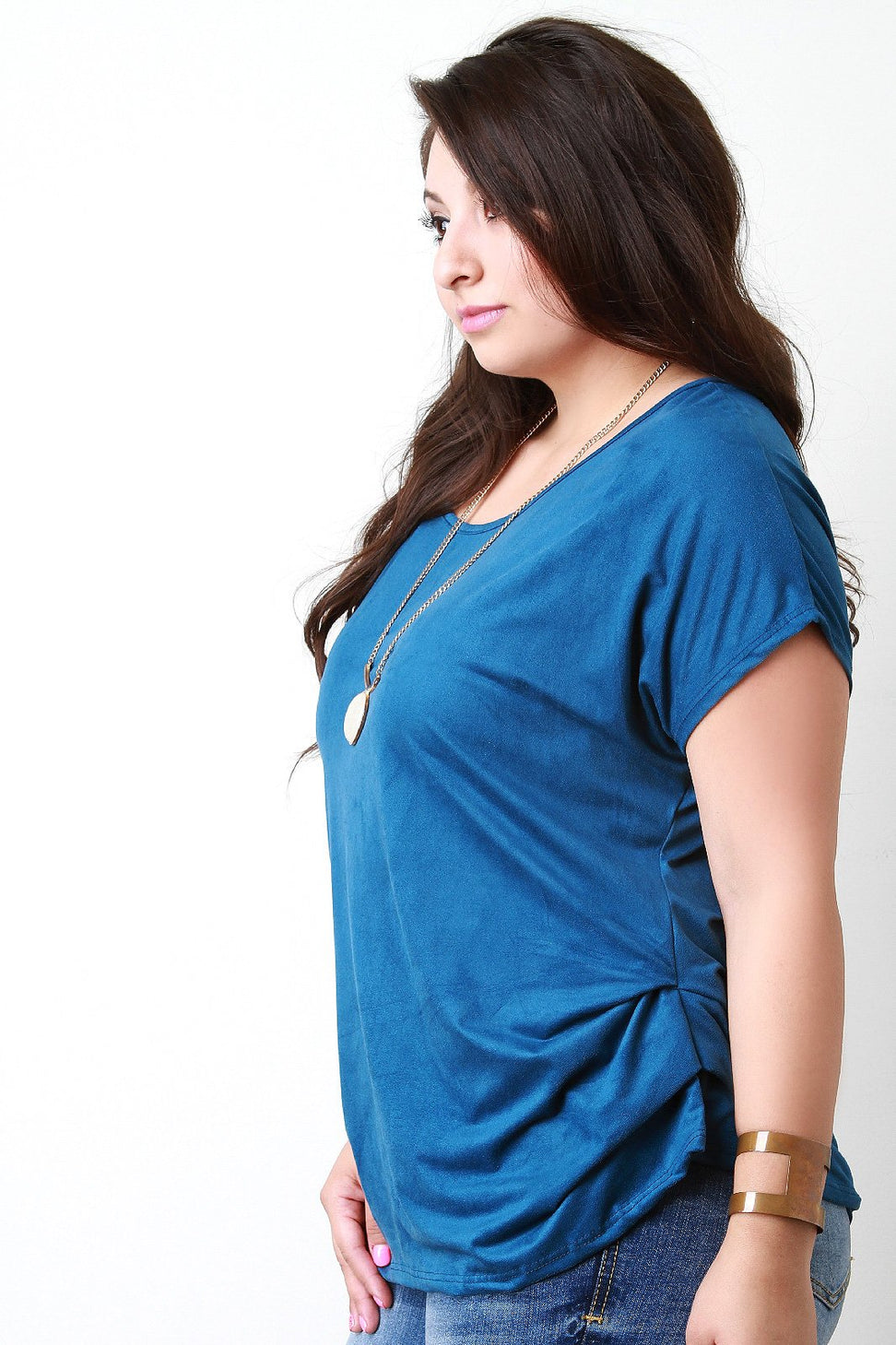 Suede Side Pleated Dolman Short Sleeves Top