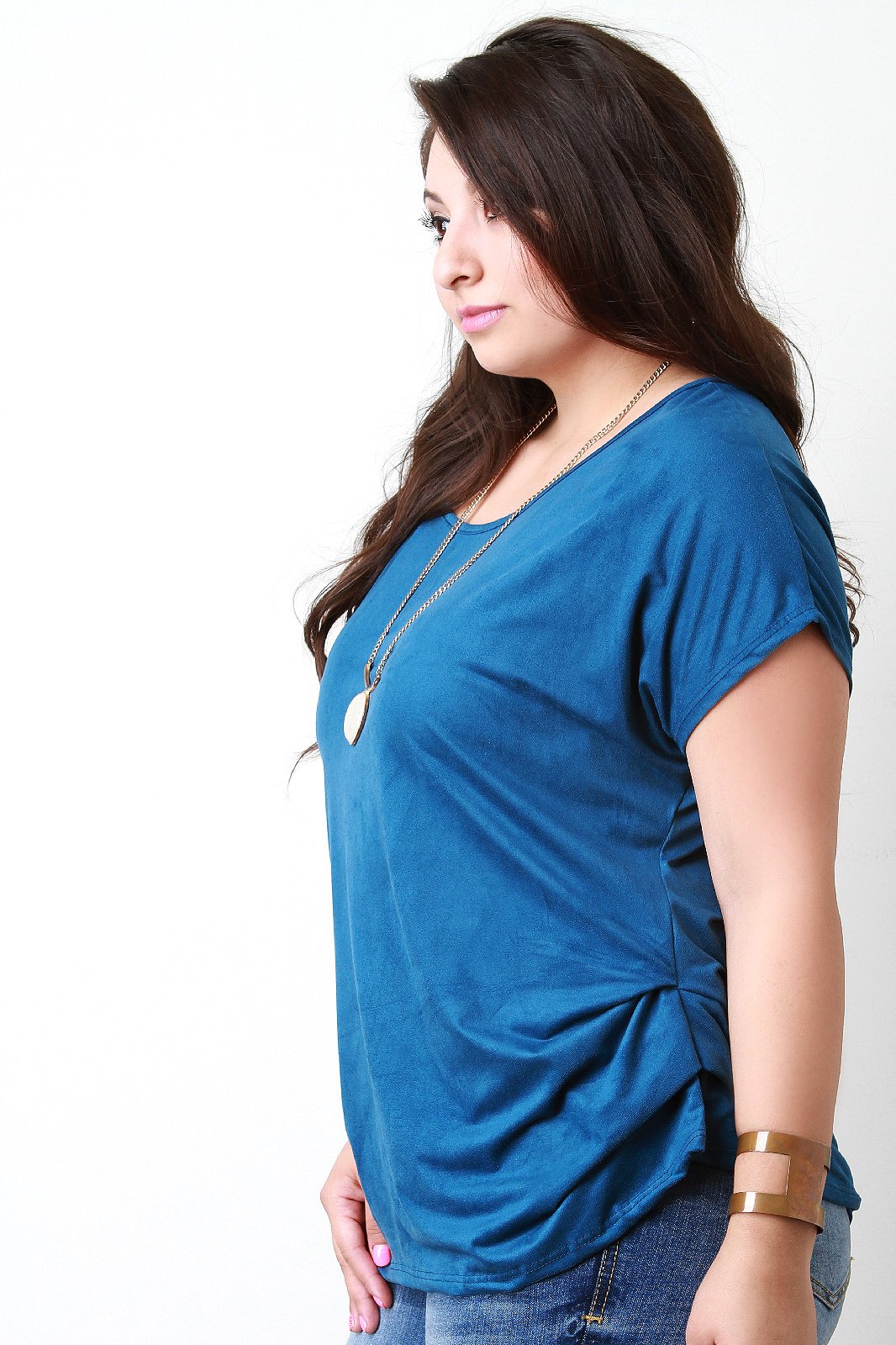 Suede Side Pleated Dolman Short Sleeves Top