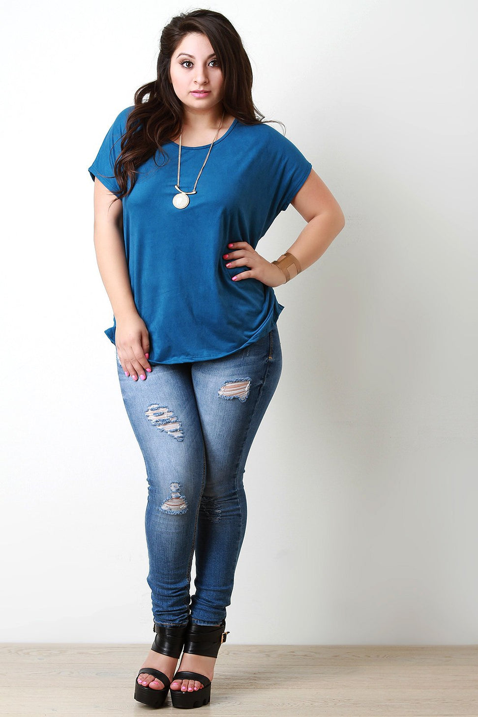 Suede Side Pleated Dolman Short Sleeves Top