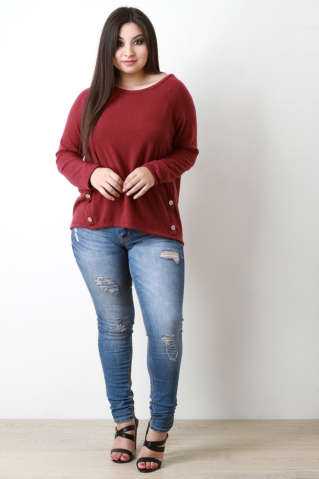 Soft Knit Buttons Accent Long Sleeves Sweater Top