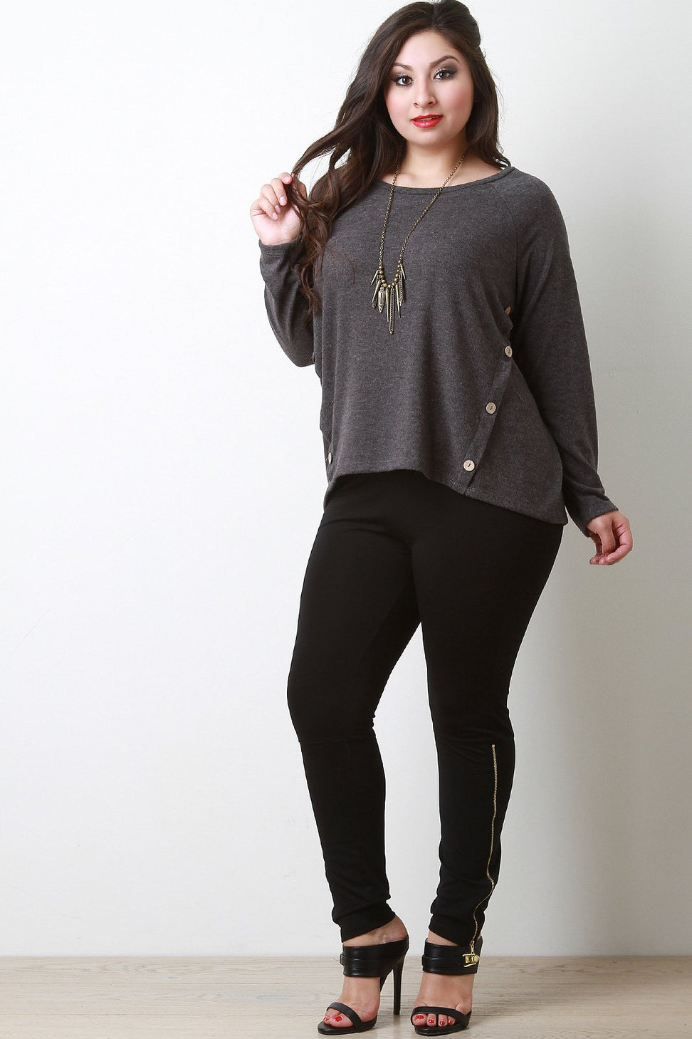 Soft Knit Buttons Accent Long Sleeves Sweater Top
