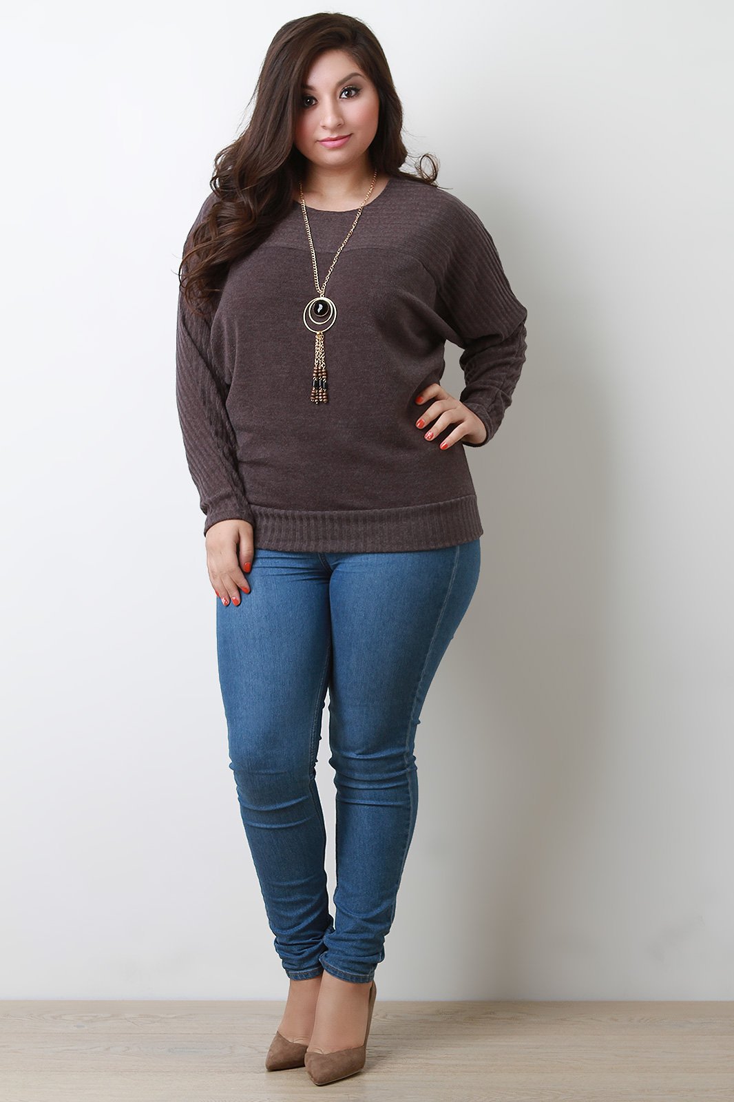 Ribbed Yoke Long Sleeves Knit Top With Necklace