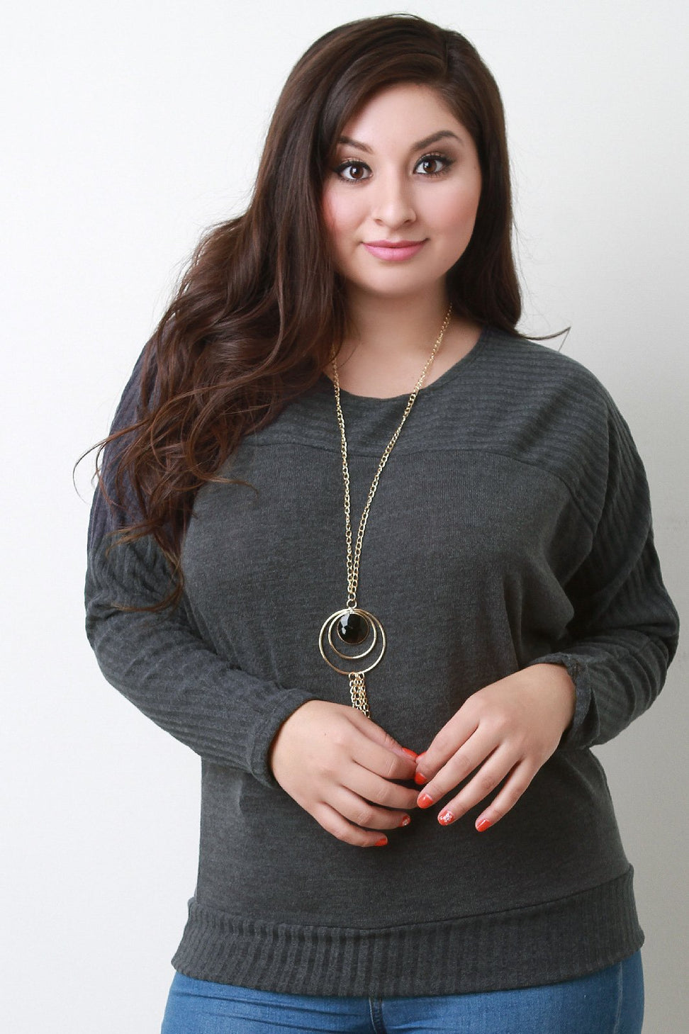 Ribbed Yoke Long Sleeves Knit Top With Necklace