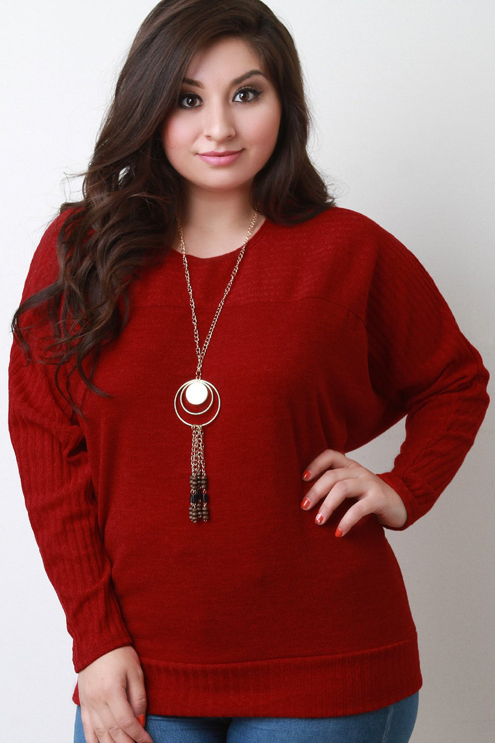 Ribbed Yoke Long Sleeves Knit Top With Necklace