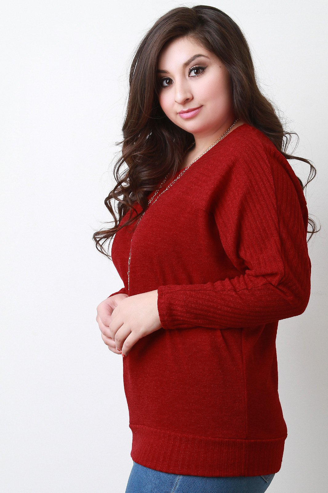 Ribbed Yoke Long Sleeves Knit Top With Necklace