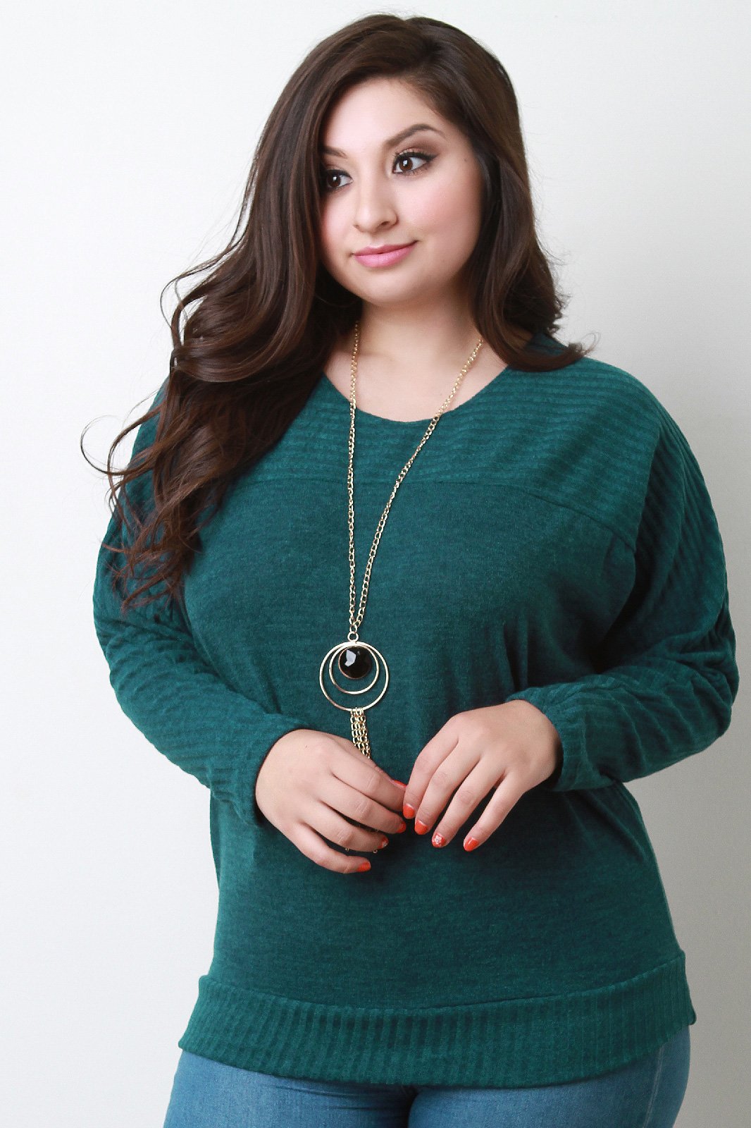 Ribbed Yoke Long Sleeves Knit Top With Necklace
