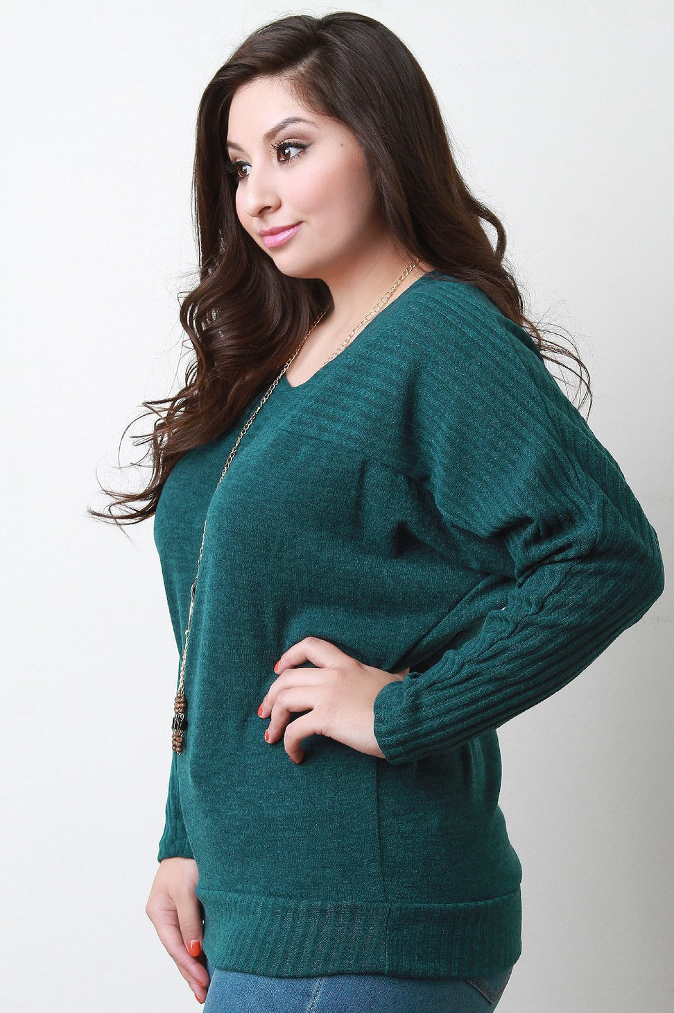 Ribbed Yoke Long Sleeves Knit Top With Necklace