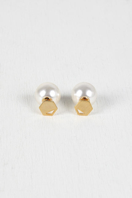 Cutout Hexagon And Pearl Double Sided Earrings