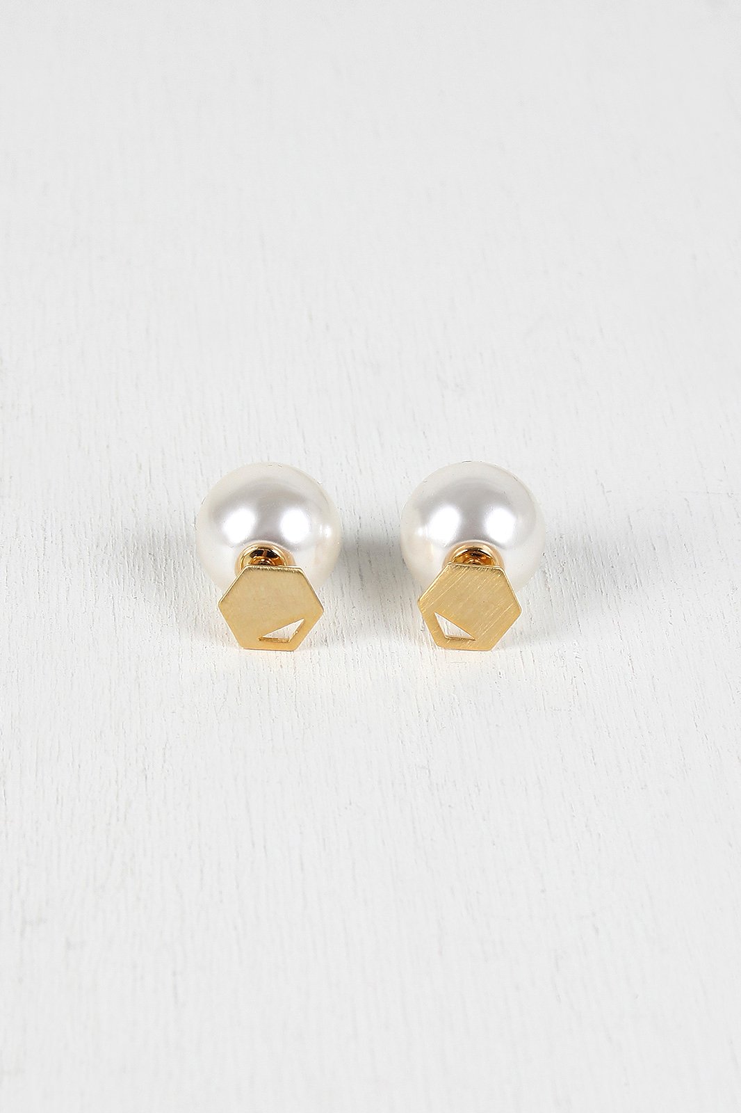 Cutout Hexagon And Pearl Double Sided Earrings