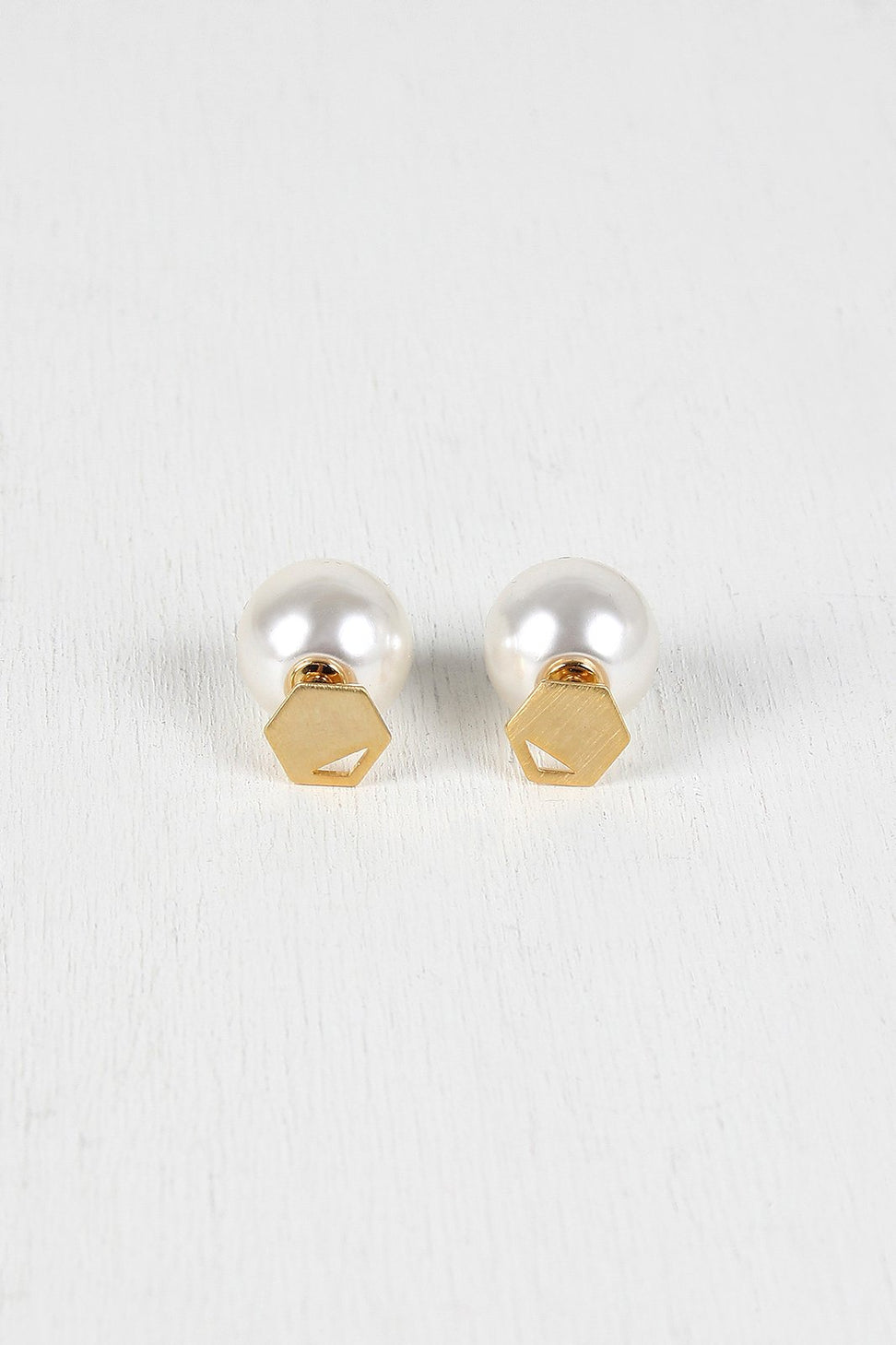 Cutout Hexagon And Pearl Double Sided Earrings