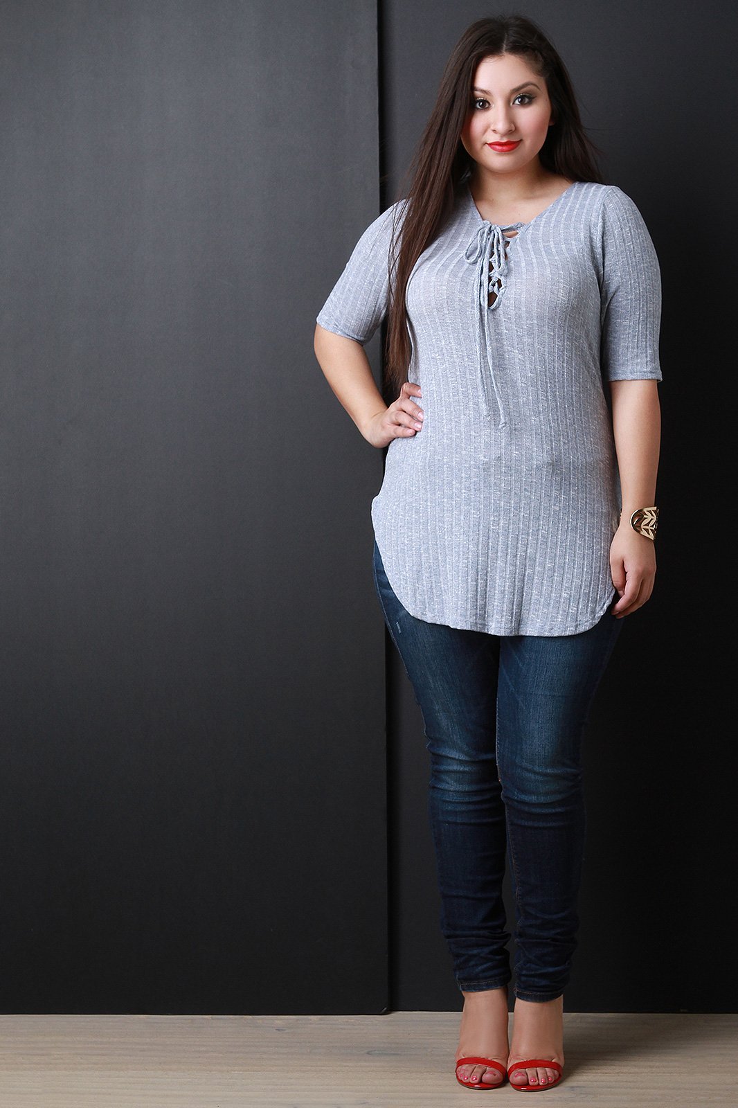 Melange Ribbed Lace Up Tunic Top