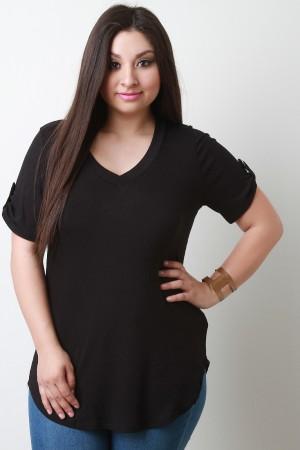 V-neck Tab Sleeve Round Hem Top