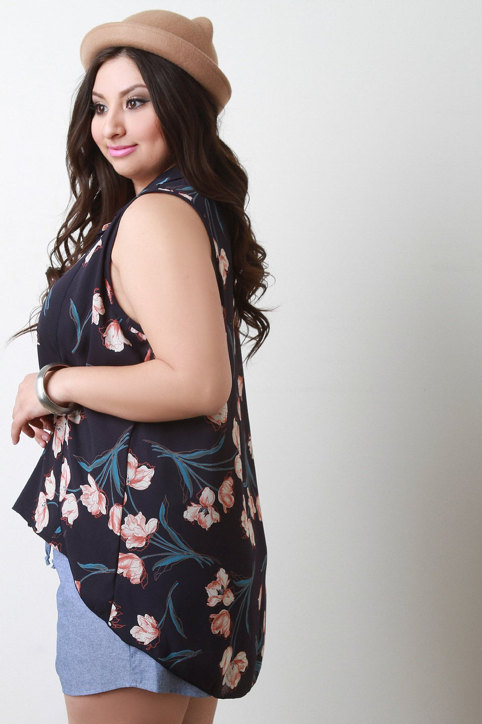 Floral Chiffon Collar Button Up Sleeveless High Low Top - NoveltyOne