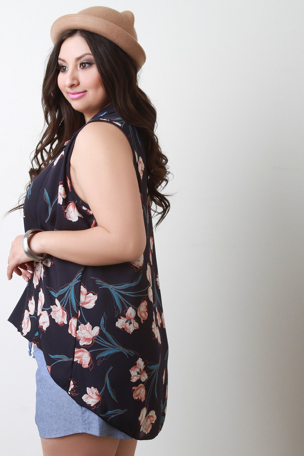 Floral Chiffon Collar Button Up Sleeveless High Low Top - NoveltyOne