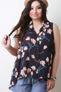 Floral Chiffon Collar Button Up Sleeveless High Low Top - NoveltyOne