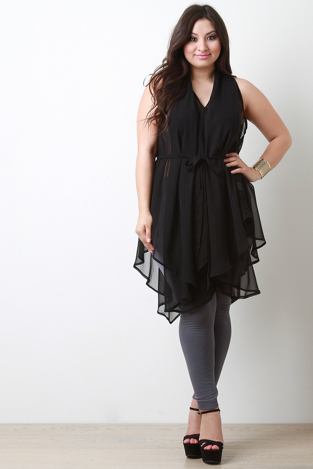 Chiffon Sleeveless Tie Waist Asymmetric Tunic Top