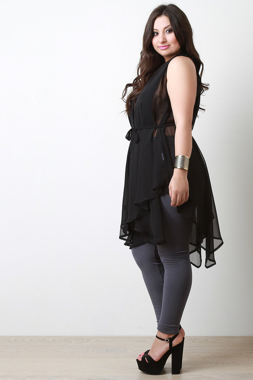 Chiffon Sleeveless Tie Waist Asymmetric Tunic Top