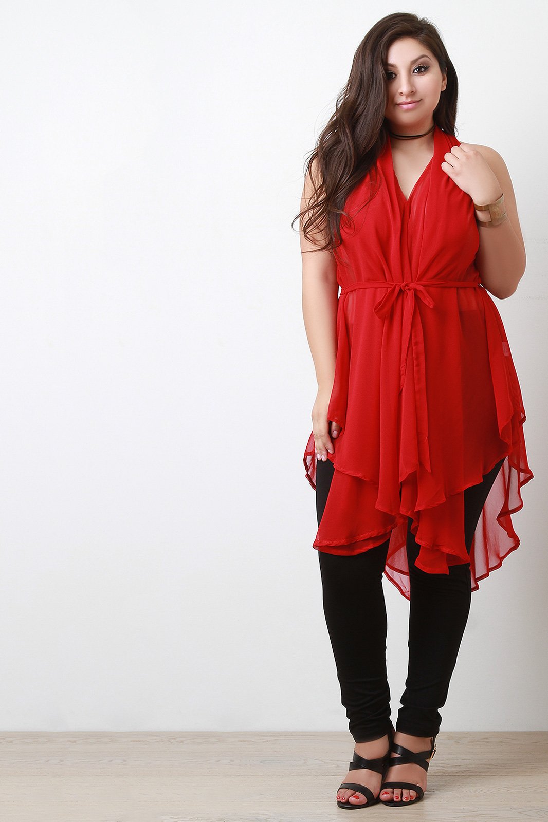 Chiffon Sleeveless Tie Waist Asymmetric Tunic Top