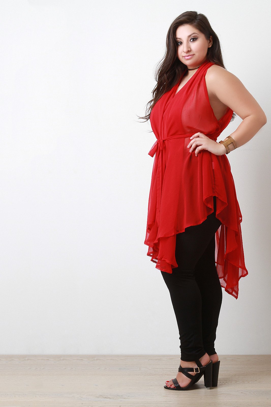 Chiffon Sleeveless Tie Waist Asymmetric Tunic Top