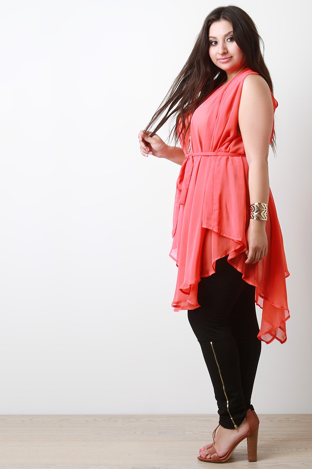 Chiffon Sleeveless Tie Waist Asymmetric Tunic Top