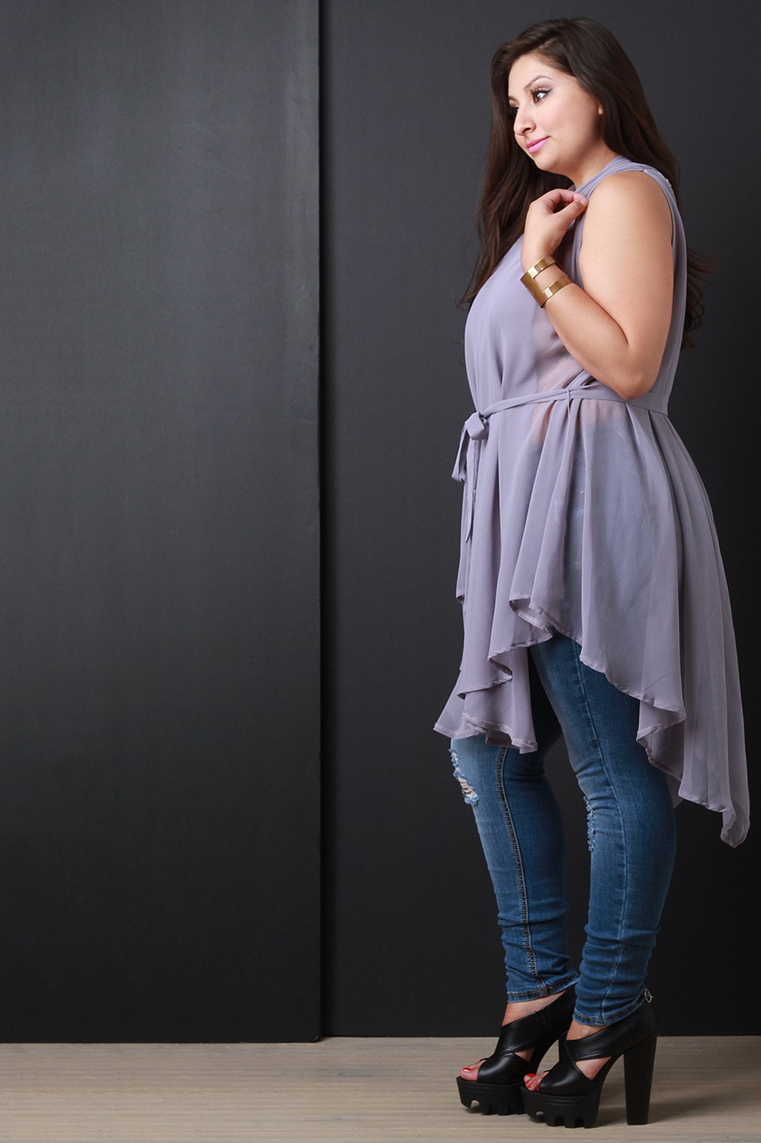 Chiffon Sleeveless Tie Waist Asymmetric Tunic Top