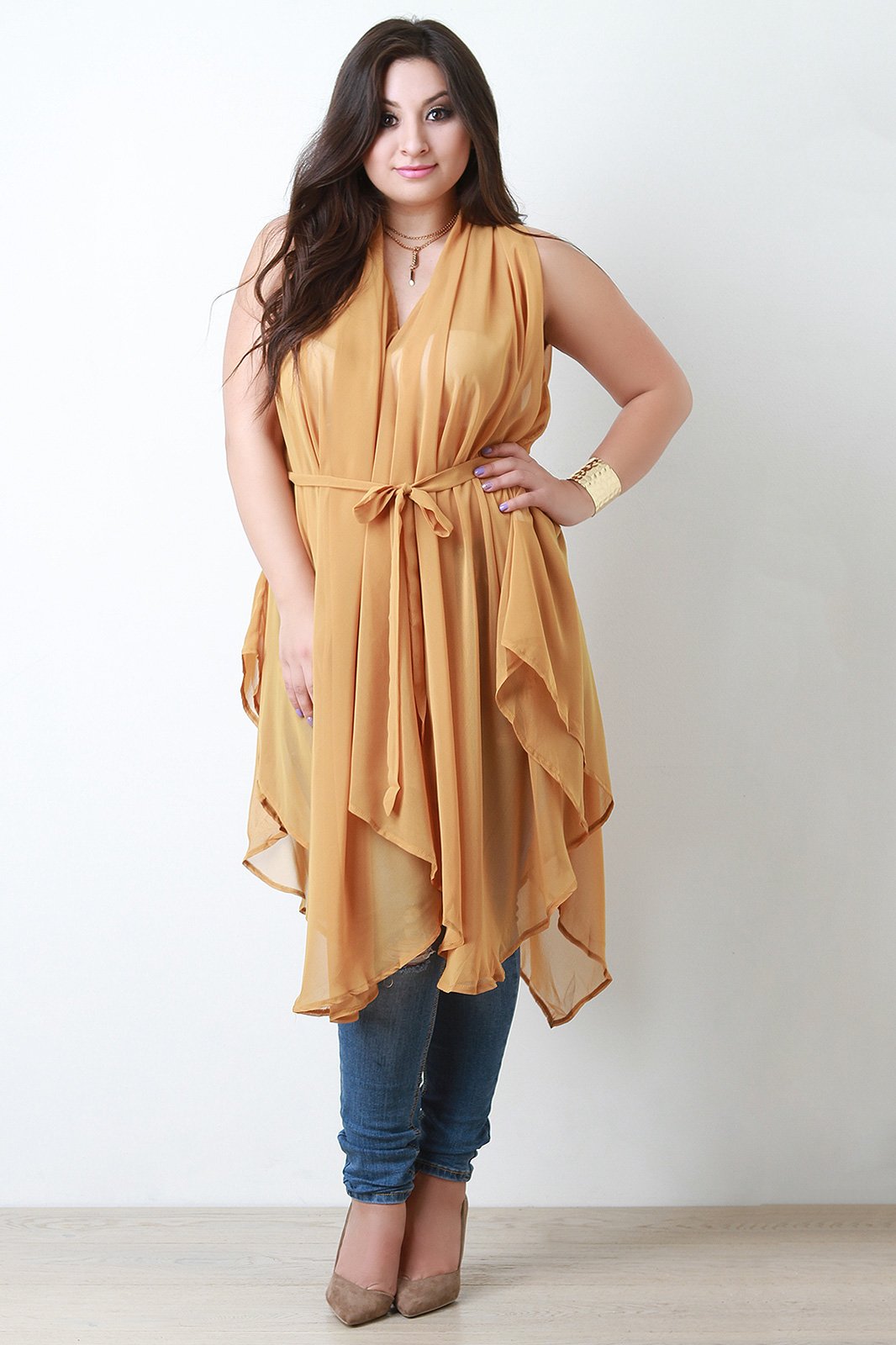 Chiffon Sleeveless Tie Waist Asymmetric Tunic Top