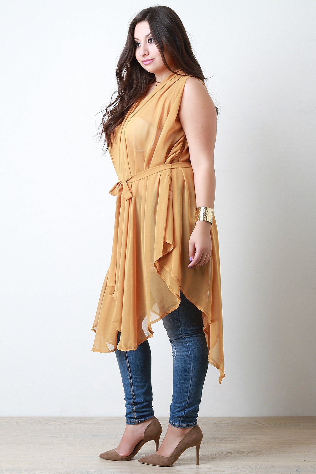 Chiffon Sleeveless Tie Waist Asymmetric Tunic Top