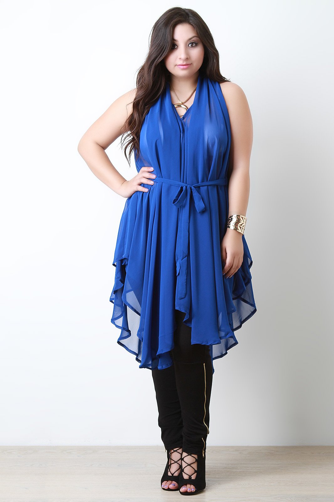 Chiffon Sleeveless Tie Waist Asymmetric Tunic Top