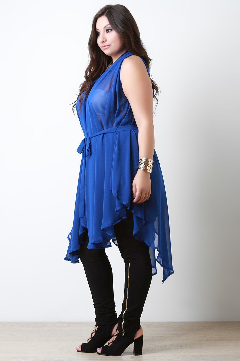 Chiffon Sleeveless Tie Waist Asymmetric Tunic Top