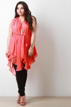 Chiffon Sleeveless Tie Waist Asymmetric Tunic Top