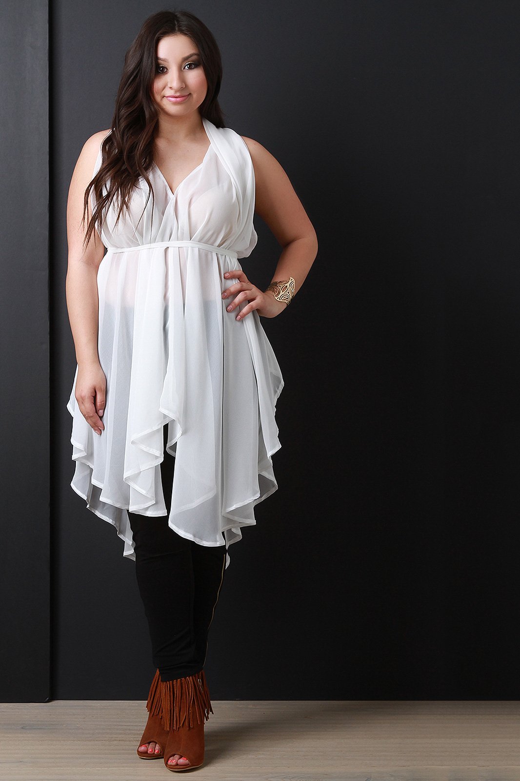 Chiffon Sleeveless Tie Waist Asymmetric Tunic Top