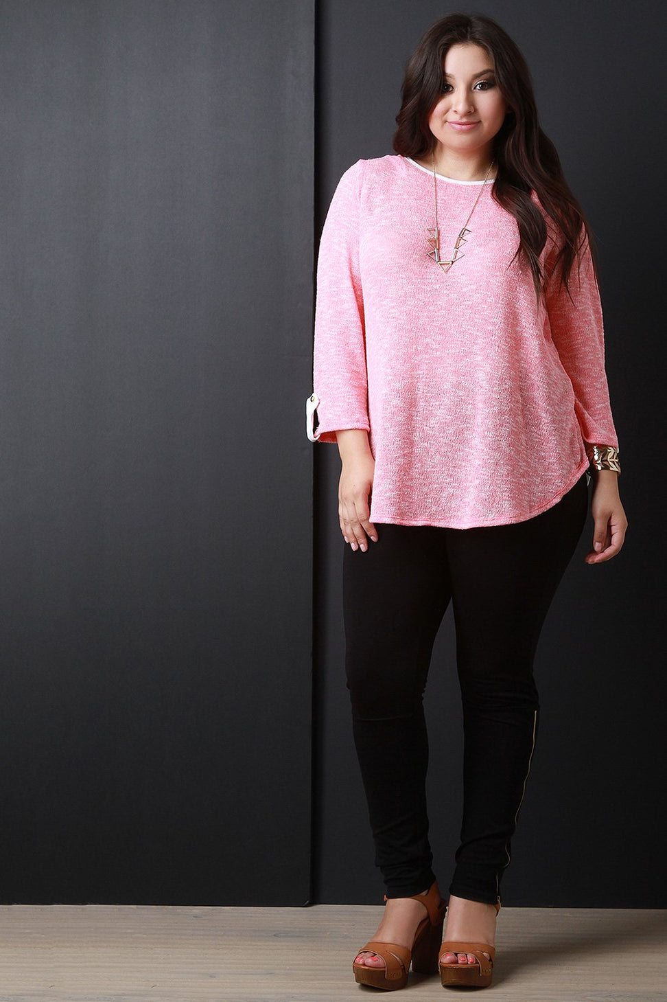 Loose Knit Button Tab Quarter Sleeve Top - NoveltyOne