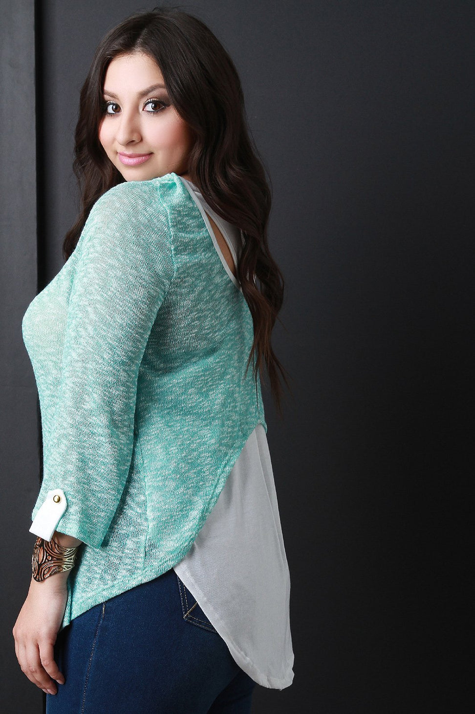 Loose Knit Button Tab Quarter Sleeve Top - NoveltyOne