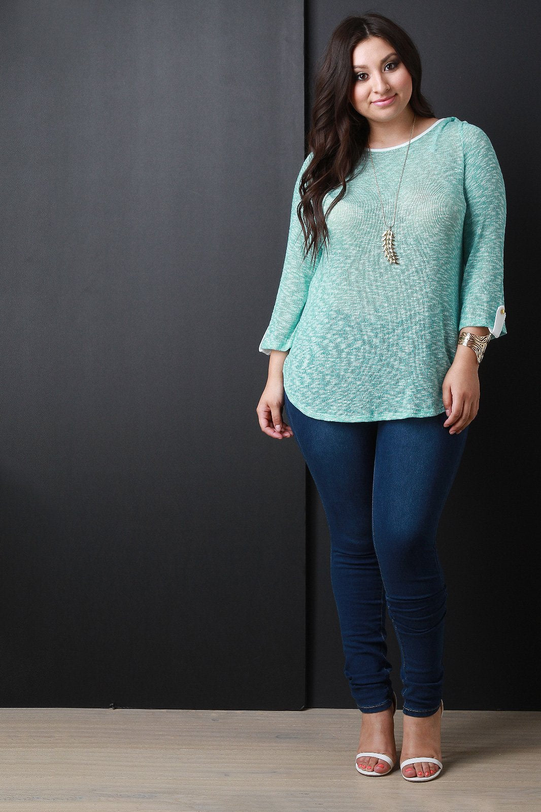 Loose Knit Button Tab Quarter Sleeve Top - NoveltyOne