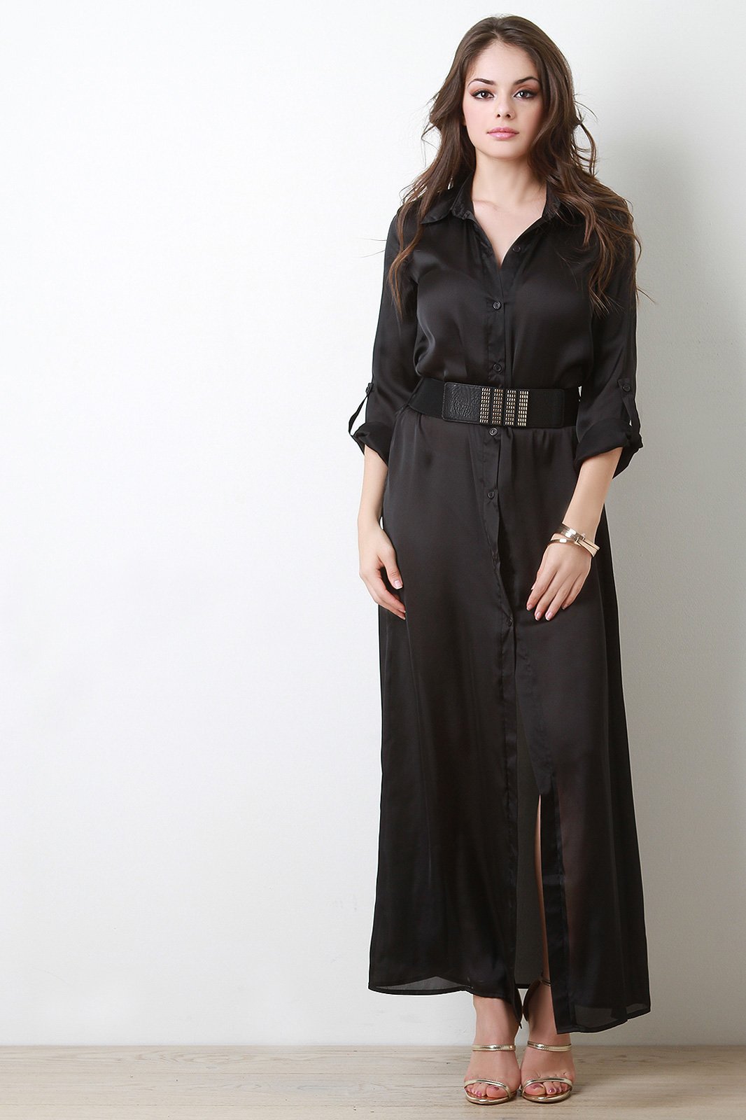 Satin Button Long Sleeve Shirt Dress