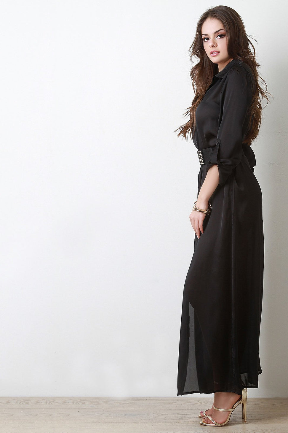 Satin Button Long Sleeve Shirt Dress