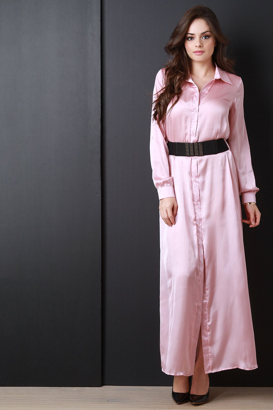 Satin Button Long Sleeve Shirt Dress