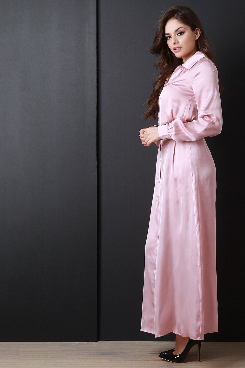 Satin Button Long Sleeve Shirt Dress