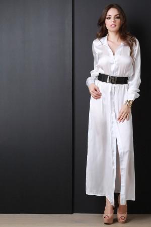 Satin Button Long Sleeve Shirt Dress