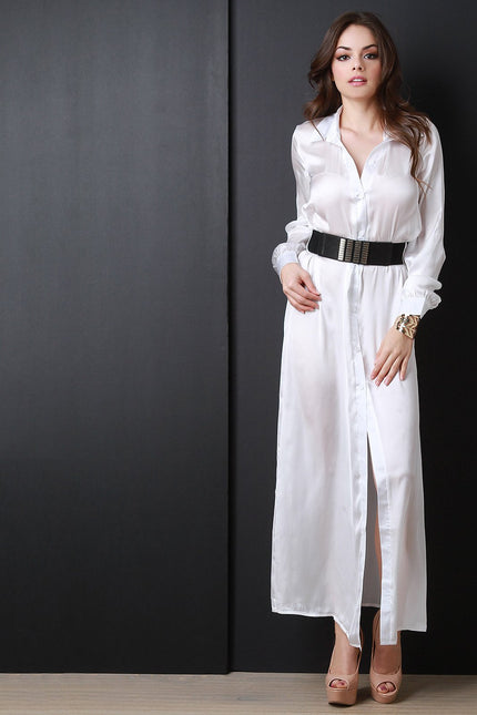 Satin Button Long Sleeve Shirt Dress