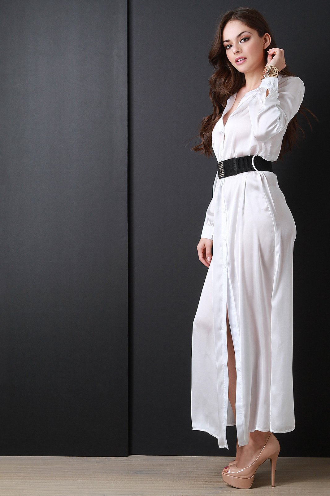 Satin Button Long Sleeve Shirt Dress