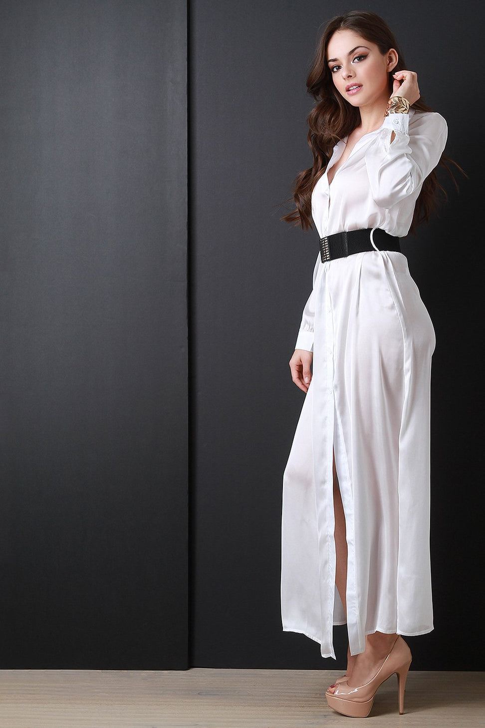 Satin Button Long Sleeve Shirt Dress