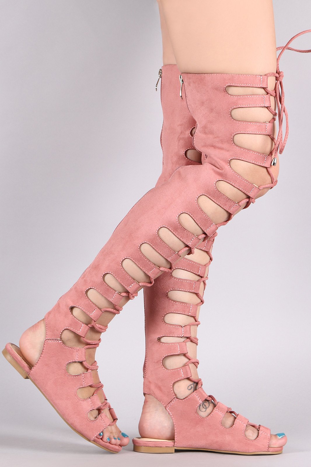 Suede Cutout Lace Up Boot Sandal