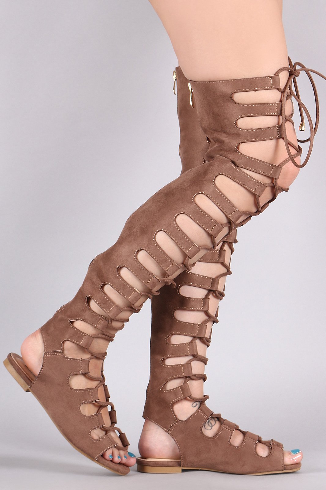 Suede Cutout Lace Up Boot Sandal
