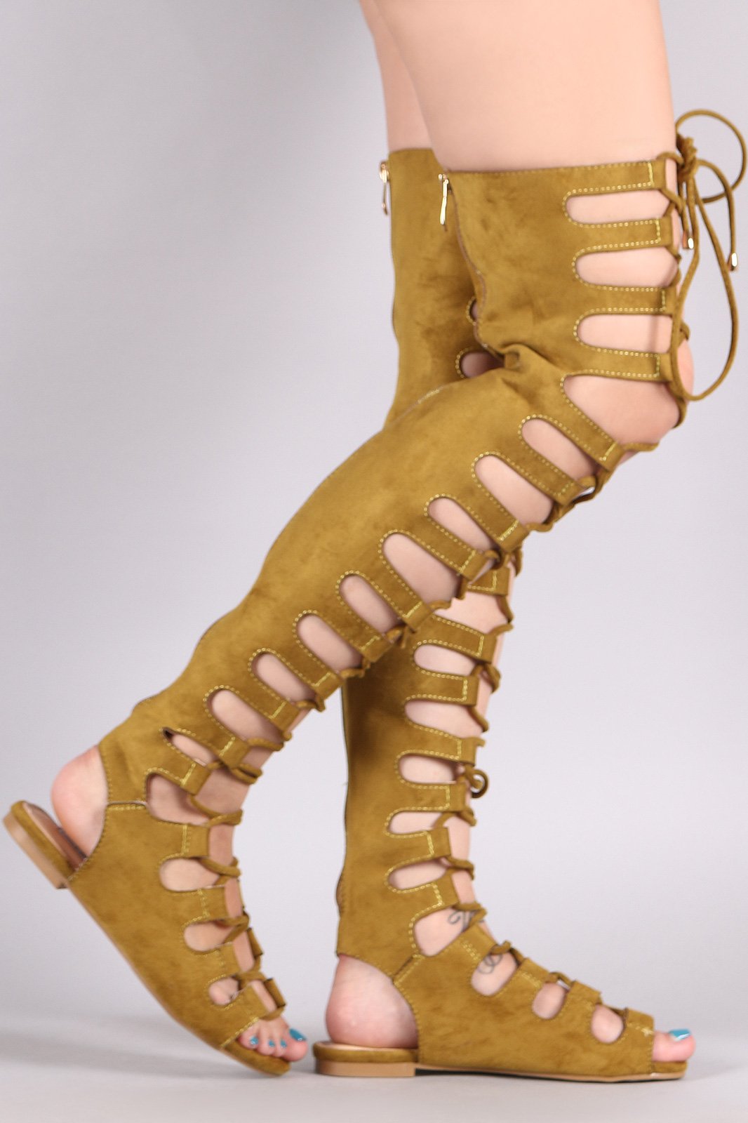 Suede Cutout Lace Up Boot Sandal