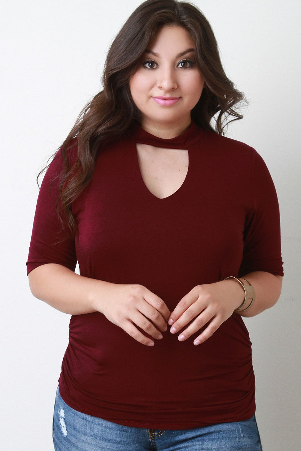 Mock Neck Keyhole Ruched Top - NoveltyOne